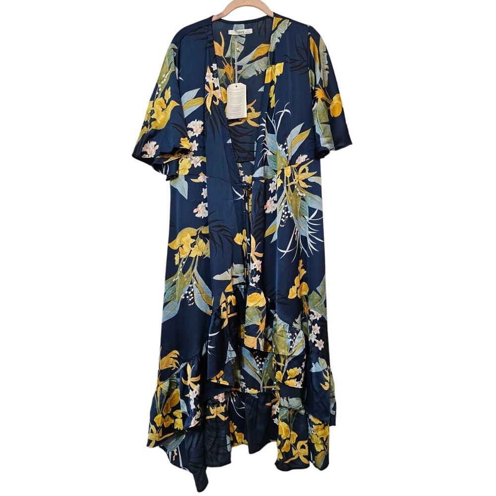 NWT Subtle Luxury Navy Blue Tropical Wrap Dress Size L/XL